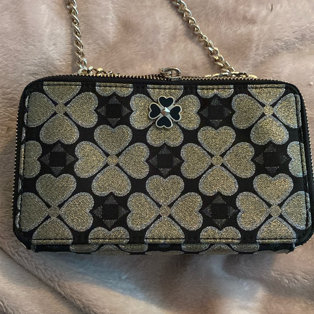 Kate Spade Odette Jacquard Black Gold Sparkle chain double zip cross body